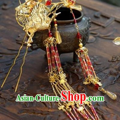 China Ancient Palace Tassel Hair Stick Traditional Xiuhe Suit Hair Jewelry Accessories Court Golden Crane Hairpins