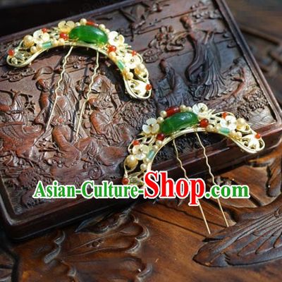 China Ancient Palace Jade Pearls Hair Sticks Traditional Xiuhe Suit Hair Jewelry Accessories Qing Dynasty Court Gems Hairpins