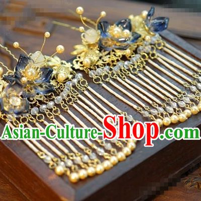 China Ancient Palace Tassel Hair Sticks Traditional Xiuhe Suit Hair Jewelry Accessories Qing Dynasty Goldfish Lotus Hairpins