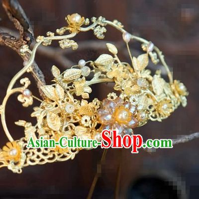 China Wedding Golden Vine Hairpin Traditional Xiuhe Suit Hair Accessories Ancient Bride Hair Comb
