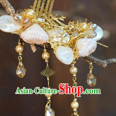 China Wedding Golden Hair Sticks Traditional Xiuhe Suit Hair Accessories Ancient Bride Shell Hair Combs