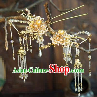 China Wedding Beads Hairpins Traditional Xiuhe Suit Hair Accessories Ancient Bride Tassel Hair Clips