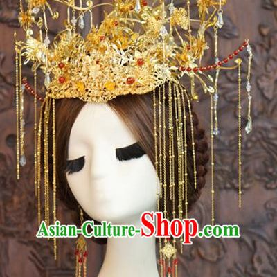China Ancient Bride Tassel Hair Crown Wedding Hair Accessories Traditional Xiuhe Suit Golden Phoenix Coronet