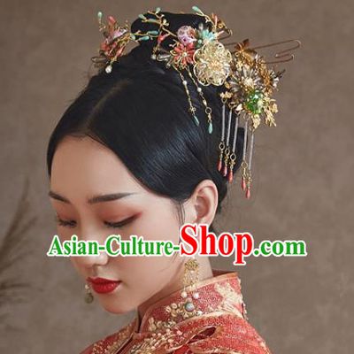 China Ancient Bride Hair Accessories Traditional Wedding Xiuhe Suit Tassel Hairpins Complete Set