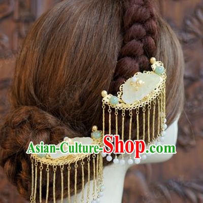 China Ancient Princess Beads Tassel Hairpins Traditional Xiuhe Suit Hair Accessories Wedding Bride Jade Butterfly Hair Sticks