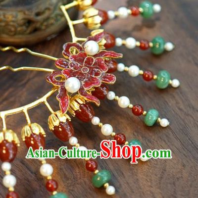 China Wedding Jade Hair Stick Jewelry Adornment Traditional Xiuhe Suit Hair Accessories Ancient Empress Cloisonne Red Peony Hairpin