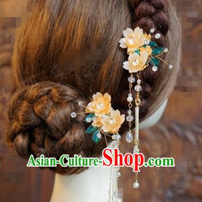 China Ancient Bride Hairpin Traditional Xiuhe Suit Hair Accessories Wedding Orange Flowers Tassel Hair Sticks