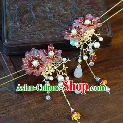China Wedding Red Flowers Hairpin Traditional Xiuhe Suit Hair Jewelry Accessories Ancient Hanfu White Chalcedony Gourd Hair Stick