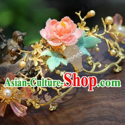 China Wedding White Chalcedony Gourd Hair Crown Traditional Xiuhe Suit Hair Jewelry Accessories Ancient Hanfu Flower Hairpin
