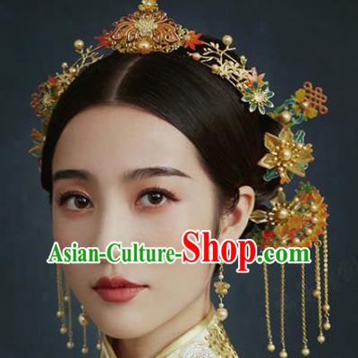 China Traditional Hair Accessories Wedding Xiuhe Suit Headdress Ancient Bride Cloisonne Hair Crown Tassel Hairpins Complete Set