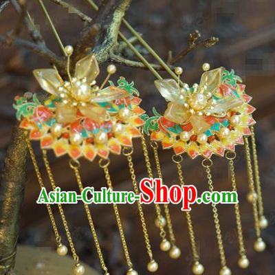 China Hanfu Pearls Tassel Hair Sticks Ancient Traditional Xiuhe Suit Hair Jewelry Accessories Wedding Cloisonne Hairpins