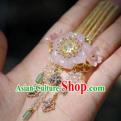 China Wedding Pink Flower Hair Comb Zircon Jewelry Adornment Traditional Xiuhe Suit Hair Accessories Ancient Princess Tassel Hairpin