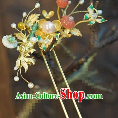 China Hanfu Jade Pumpkin Hair Stick Ancient Traditional Xiuhe Suit Hair Jewelry Accessories Goldfish Hairpin