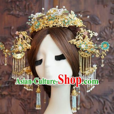 China Wedding Xiuhe Suit Headdress Traditional Hair Accessories Ancient Bride Golden Hair Crown and Tassel Hairpins