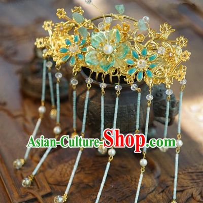 China Ancient Golden Tassel Step Shake Palace Hairpin Traditional Xiuhe Suit Hair Jewelry Accessories Back Hair Comb