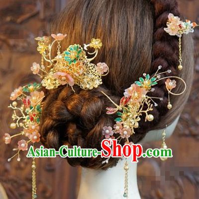 China Traditional Wedding Hair Accessories Ancient Bride Golden Hair Comb and Tassel Hairpins Xiuhe Suit Headdress