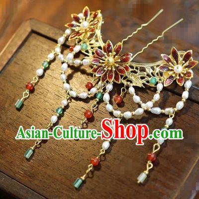 China Ancient Pearls Tassel Step Shake Palace Hairpin Traditional Xiuhe Suit Hair Jewelry Accessories Cloisonne Red Hair Stick