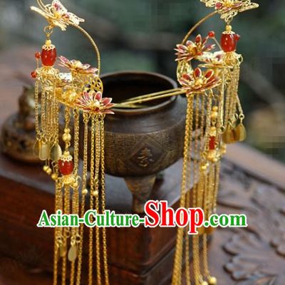 China Ancient Palace Hairpin Traditional Xiuhe Suit Hair Jewelry Accessories Golden Butterfly Hair Stick Tassel Step Shake