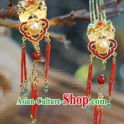 China Ancient Palace Red Tassel Hairpins Traditional Xiuhe Suit Hair Jewelry Accessories Cloisonne Hair Combs