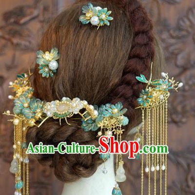 China Ancient Bride Hair Accessories Traditional Wedding Xiuhe Suit Flowers Hairpins Tassel Hair Sticks Complete Set