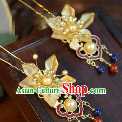 China Ancient Court Flower Hair Stick Traditional Xiuhe Suit Hair Jewelry Accessories Palace Cloisonne Tassel Hairpin