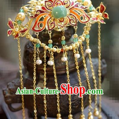 China Ancient Court Cloisonne Lotus Hair Crown Traditional Xiuhe Suit Hair Jewelry Accessories Palace Golden Tassel Hairpin