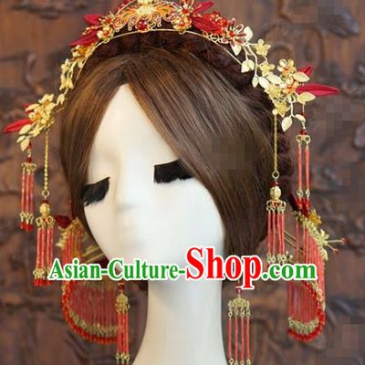 China Traditional Hair Accessories Wedding Xiuhe Suit Headpieces Ancient Bride Cloisonne Red Hair Crown and Hairpins