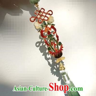 Chinese Traditional Handmade Cloisonne Brooch Ancient Bride Green Tassel Jade Pendant