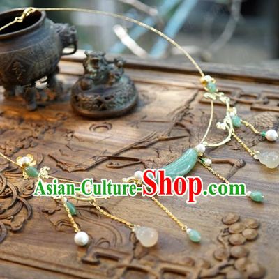 Chinese Traditional White Chalcedony Gourd Tassel Necklace Handmade Ancient Princess Jade Necklet Accessories
