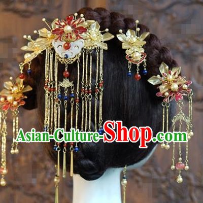 China Ancient Bride Tassel Hair Comb and Hairpins Traditional Wedding Hair Accessories Xiuhe Suit Headdress