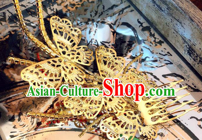 Chinese Bride Golden Butterfly Hair Comb Ancient Wedding Jewelry Accessories Traditional Hairpin Chinese Bride Golden Butterfly Hair Comb Ancient Wedding Jewelry Accessories Traditional Hairpin