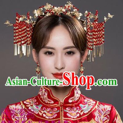 Chinese Ancient Wedding Hair Jewelry Accessories Traditional Bride Golden Hair Crown and Hairpins Full Set