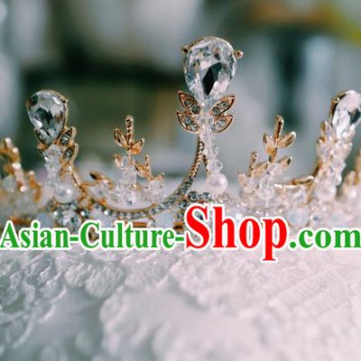 Handmade Baroque Style Beads Golden Royal Crown European Court Princess Headwear Wedding Crystal Hair Clasp