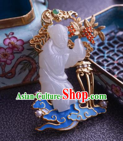 China Classical Cheongsam Gilding Brooch Traditional Handmade Hetian White Jade Child Breastpin China Classical Cheongsam Gilding Brooch Traditional Handmade Hetian White Jade Child Breastpin