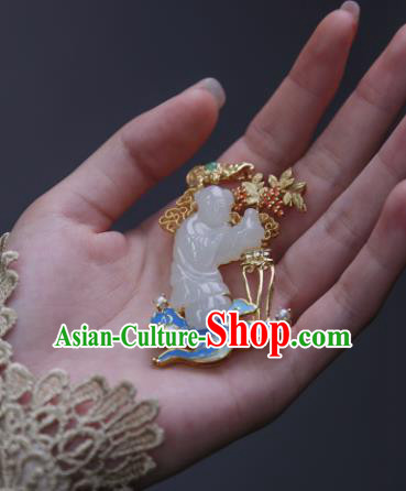China Classical Cheongsam Gilding Brooch Traditional Handmade Hetian White Jade Child Breastpin China Classical Cheongsam Gilding Brooch Traditional Handmade Hetian White Jade Child Breastpin