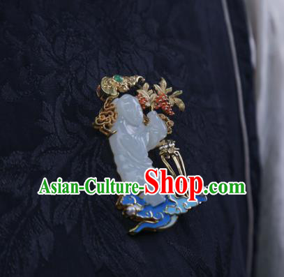 China Classical Cheongsam Gilding Brooch Traditional Handmade Hetian White Jade Child Breastpin China Classical Cheongsam Gilding Brooch Traditional Handmade Hetian White Jade Child Breastpin