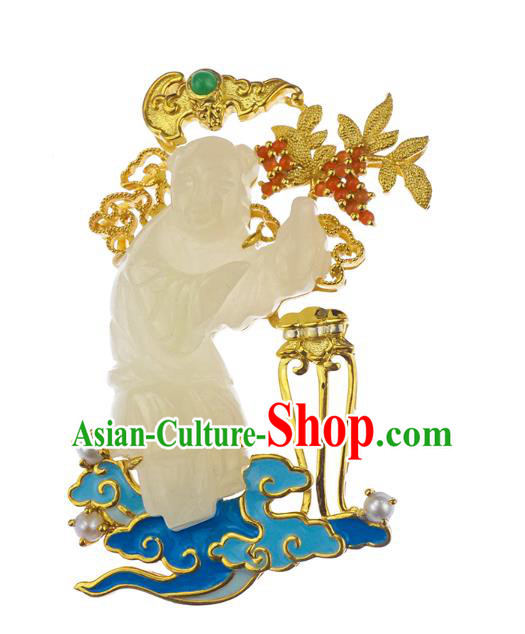 China Classical Cheongsam Gilding Brooch Traditional Handmade Hetian White Jade Child Breastpin China Classical Cheongsam Gilding Brooch Traditional Handmade Hetian White Jade Child Breastpin
