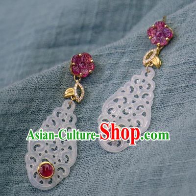 Top Grade Chinese Traditional Classical Tourmaline Earrings Handmade Ear Jewelry Qing Dynasty Court White Jade Accessories