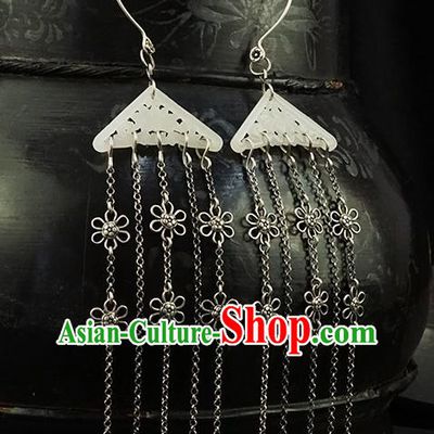Top Grade Chinese Qing Dynasty Jade Accessories Classical Court Earrings Traditional Handmade Silver Tassel Ear Jewelry