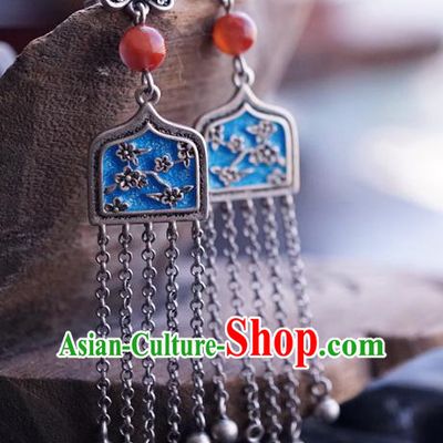 Top Grade Chinese Silver Accessories Classical Court Blueing Earrings Traditional Handmade Bells Tassel Ear Jewelry