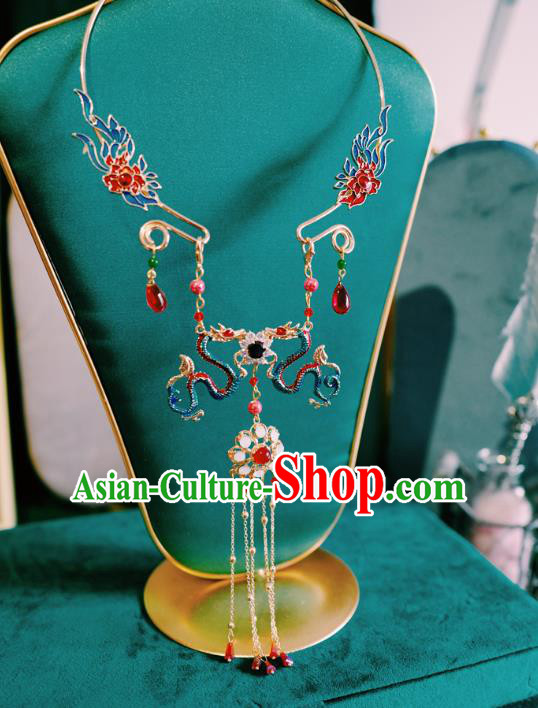 Chinese Traditional Bride Cloisonne Necklace Ancient Wedding Jewelry Accessories Tassel Necklet Chinese Traditional Bride Cloisonne Necklace Ancient Wedding Jewelry Accessories Tassel Necklet