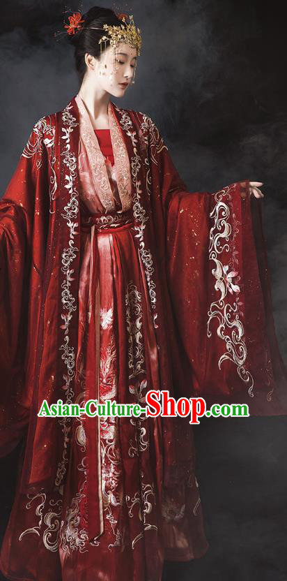 Traditional China Tang Dynasty Wedding Clothing Ancient Royal Princess Embroidered Red Costumes Complete Set Traditional China Tang Dynasty Wedding Clothing Ancient Royal Princess Embroidered Red Costumes Complete Set