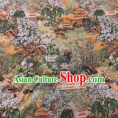 Chinese Classical Landscape Architecture Pattern Design Gambiered Guangdong Gauze Fabric Asian Traditional Cheongsam Silk Material
