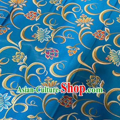 Chinese Classical Twine Lotus Pattern Design Blue Brocade Fabric Asian Traditional Satin Tang Suit Silk Material