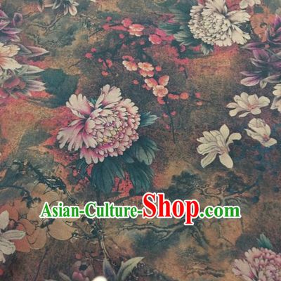 Chinese Classical Peony Flowers Pattern Design Brown Gambiered Guangdong Gauze Fabric Asian Traditional Cheongsam Silk Material