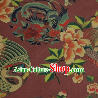 Chinese Classical Crane Peach Pattern Design Wine Red Gambiered Guangdong Gauze Fabric Asian Traditional Cheongsam Silk Material
