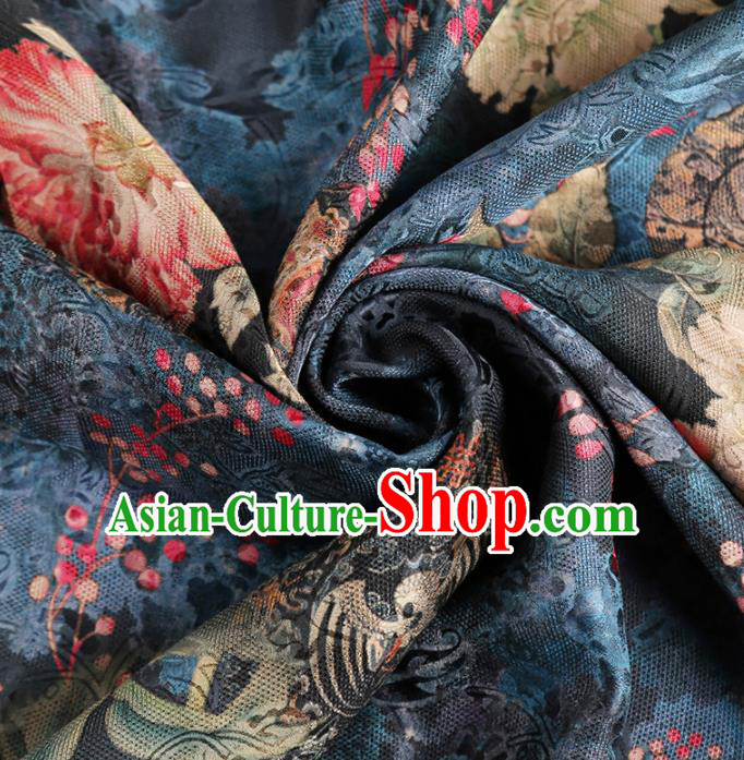 Chinese Classical Peony Pattern Design Navy Mulberry Silk Fabric Asian Traditional Cheongsam Silk Material Chinese Classical Peony Pattern Design Navy Mulberry Silk Fabric Asian Traditional Cheongsam Silk Material