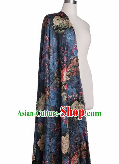Chinese Classical Peony Pattern Design Navy Mulberry Silk Fabric Asian Traditional Cheongsam Silk Material Chinese Classical Peony Pattern Design Navy Mulberry Silk Fabric Asian Traditional Cheongsam Silk Material