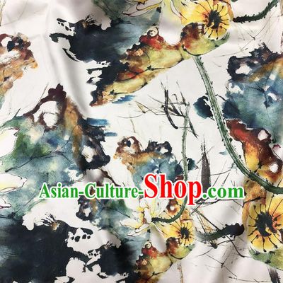 Chinese Classical Lotus Pattern Design White Gambiered Guangdong Gauze Fabric Asian Traditional Cheongsam Silk Material