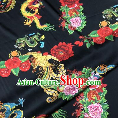 Chinese Classical Dragon Phoenix Peony Pattern Design Black Gambiered Guangdong Gauze Fabric Asian Traditional Cheongsam Silk Material